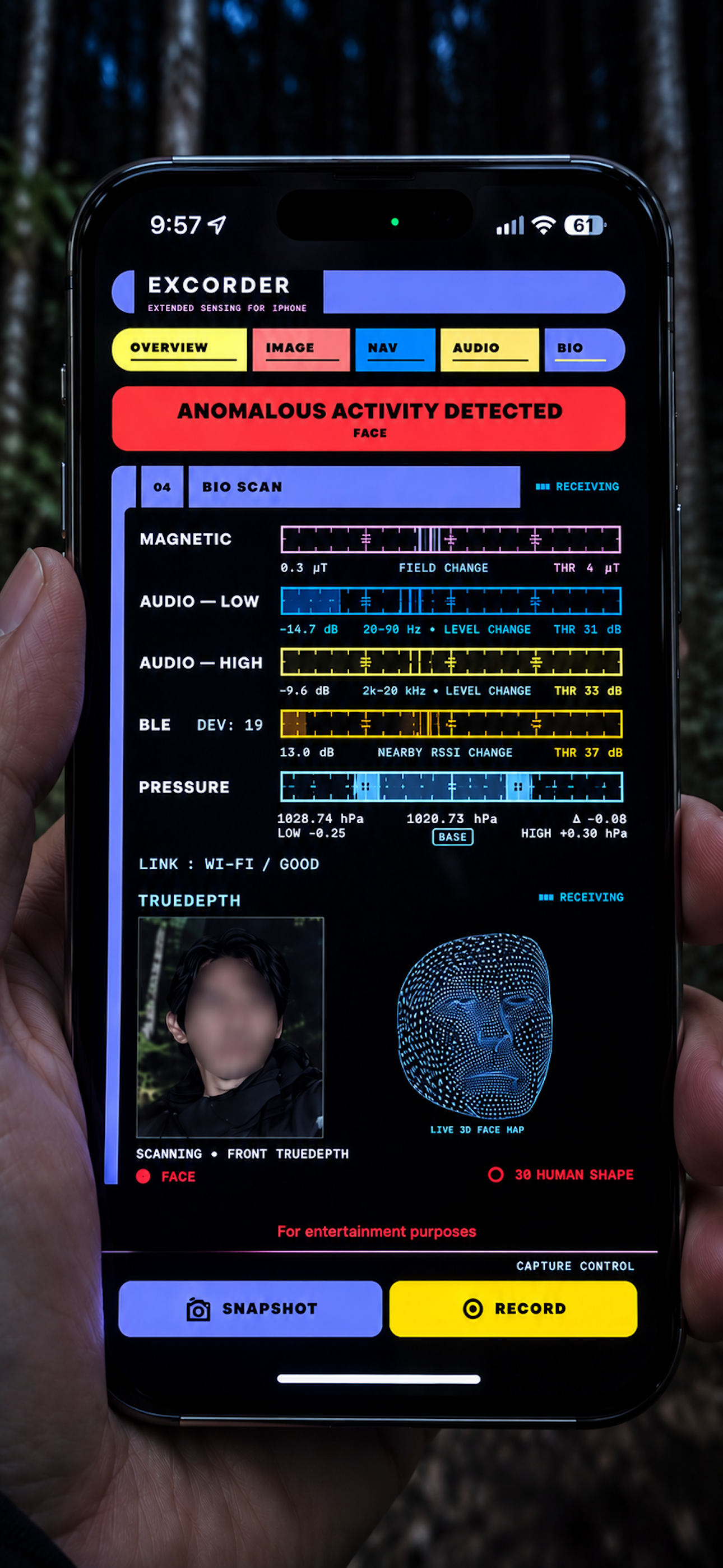 BIO SCAN sensor readings with a DETECTED alert and 3D face wireframe