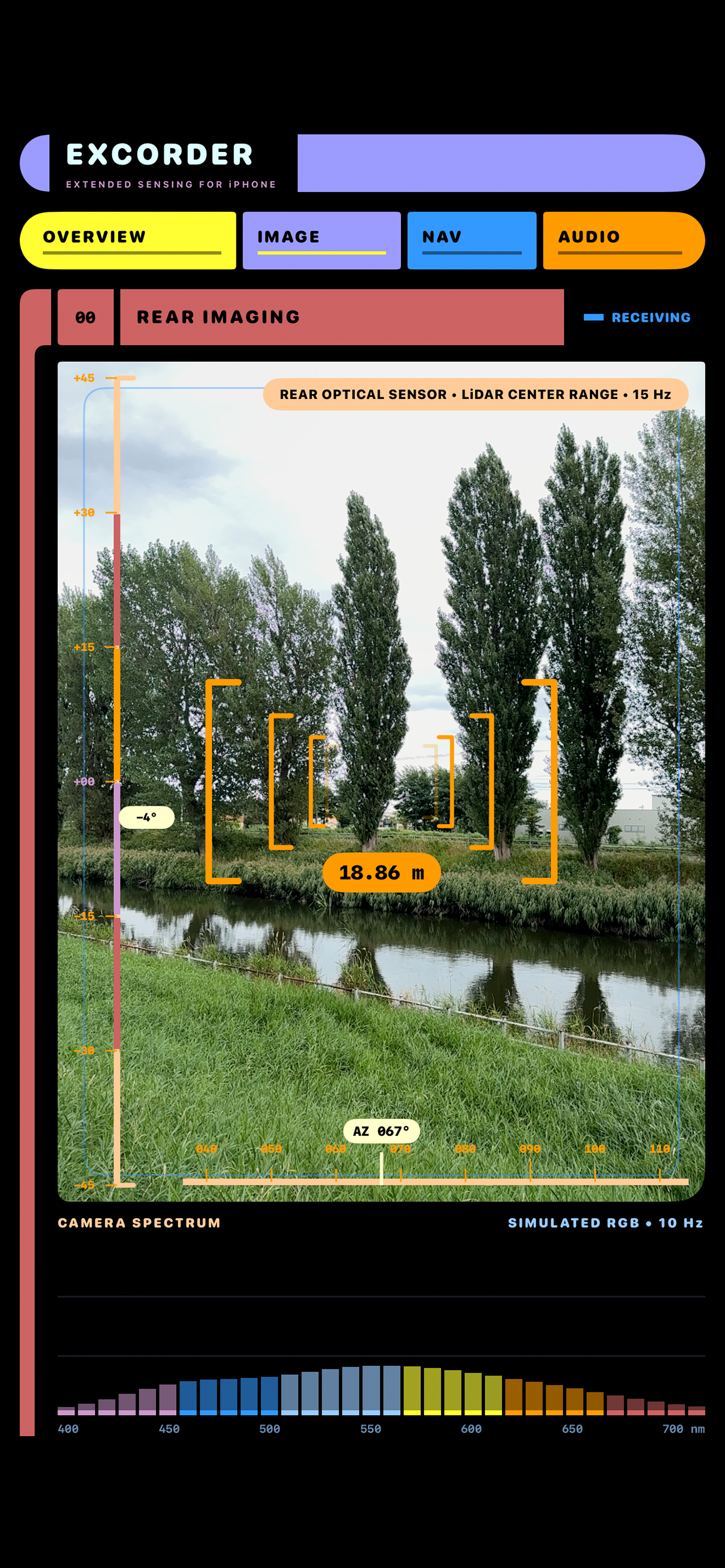 EXCORDER rear-camera view with targeting brackets, heading and distance readout