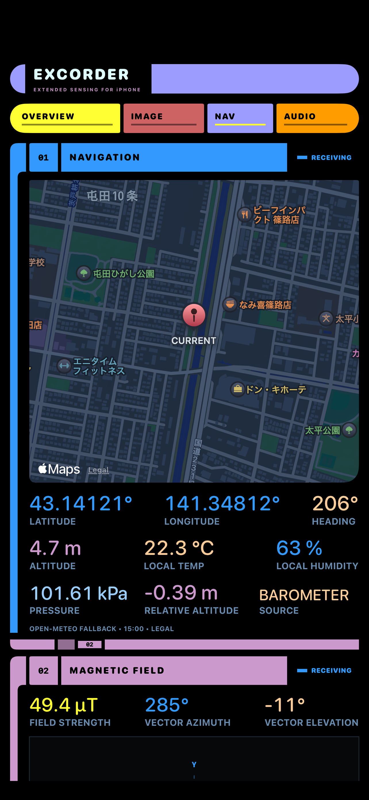 EXCORDER map, coordinates, altitude and environmental readings